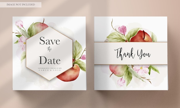 Wedding invitation template set with watercolor apple fruit and floral decoration