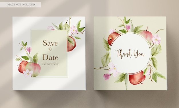 Wedding invitation template set with watercolor apple fruit and floral decoration