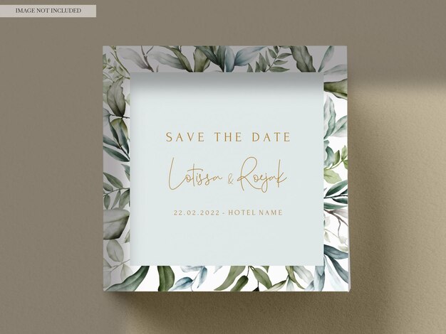 PSD wedding invitation template with beautiful leaves watercolor