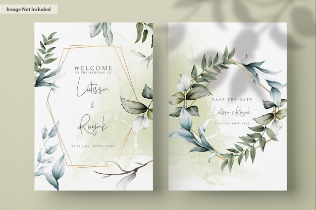 wedding invitation template with beautiful leaves watercolor