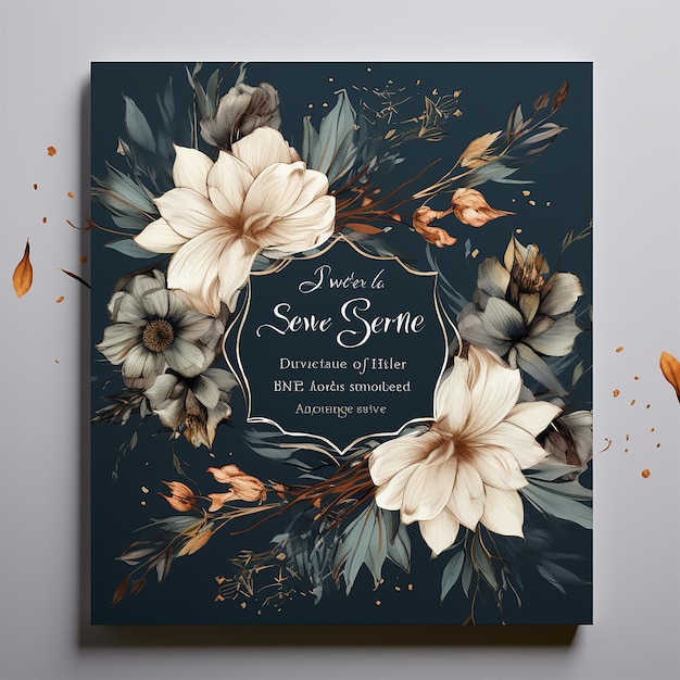 PSD wedding invitation template with flower frame watercolor