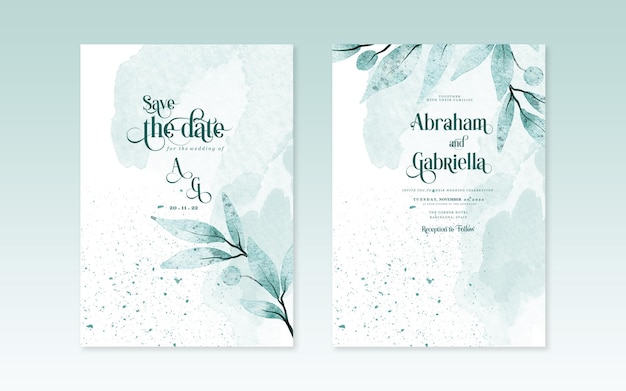 Wedding invitation template with gray cyan leaf watercolor on green background