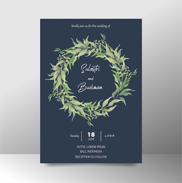 wedding invitation template with navy blue watercolor leaves