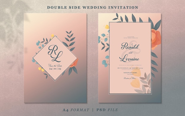 Wedding invitation template with orange and dark blue gradient background