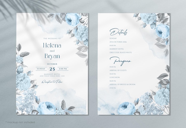 Wedding invitation template with romantic blue floral