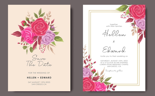 Wedding invitation template with rose flower frame template