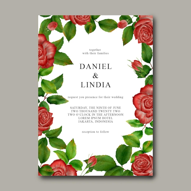 Wedding invitation template with rose flower frame