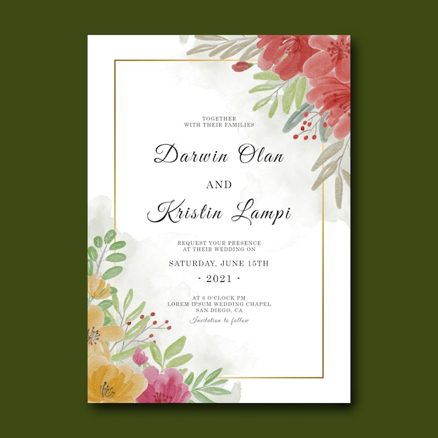 Wedding invitation template with watercolor flower frame