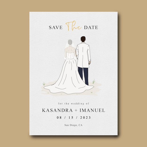 wedding invitation template with wedding couple illustration decoration