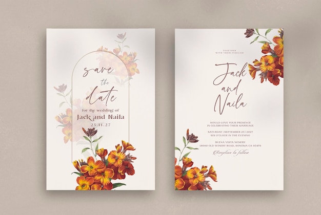 wedding invitation template with yellow and browns flowers