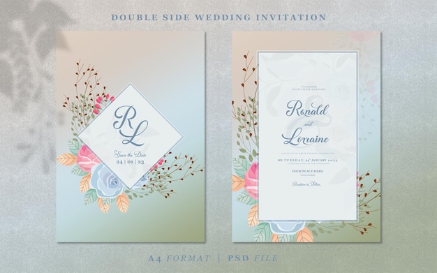 Wedding invitation with flowers and leaves on green and blue gradient background