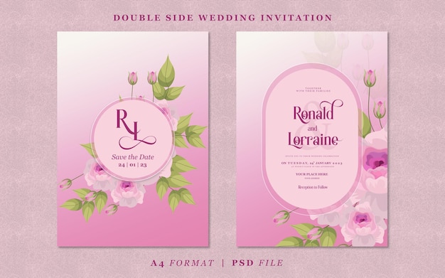 Wedding invitation with flowers and leaves on green and pink gradient background