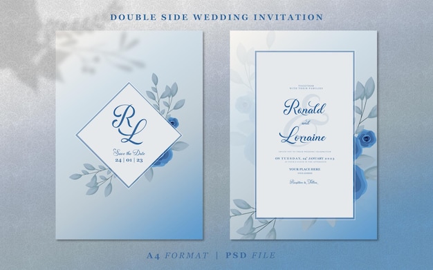 Wedding invitation with flowers and leaves on silver and pink gradient background