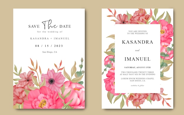 Wedding Invitation with Flowers in Watercolor painting