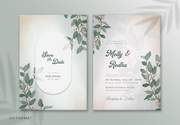 PSD a wedding invitation with a green leaf pattern and the word 