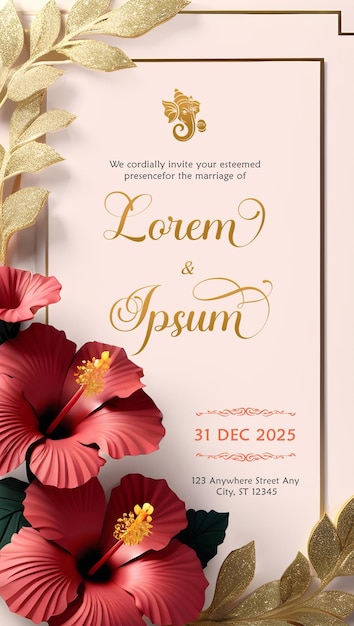 PSD wedding invitation with hibiscus flowers and golden sparkle