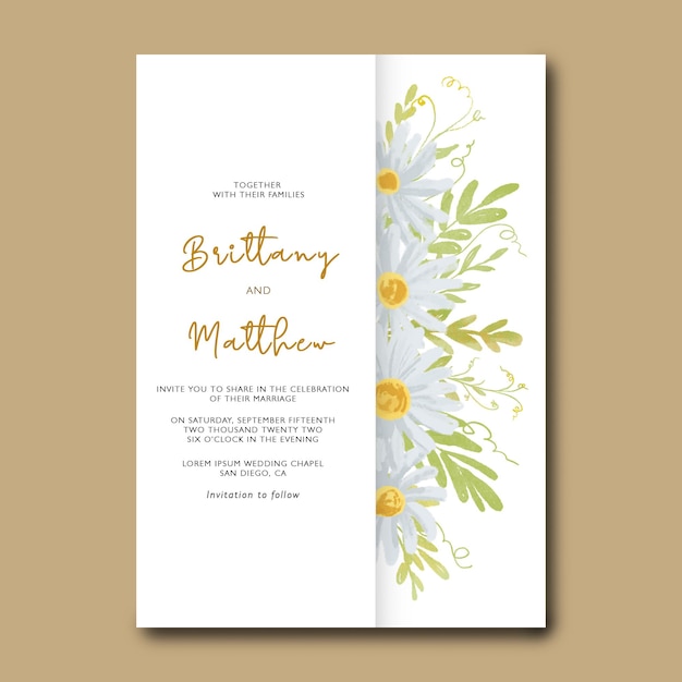 Wedding invitation with watercolor daisy flower bouquet