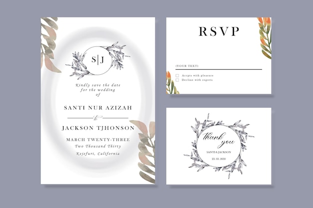 Wedding invitation with watercolor leaf roses psd