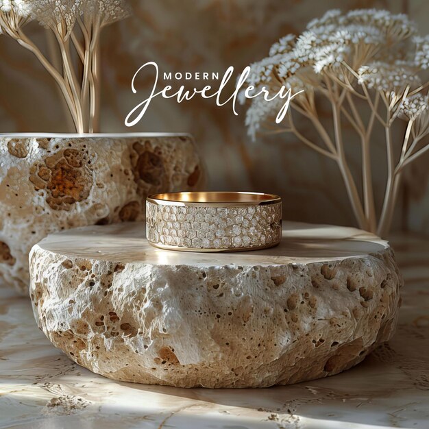 PSD a wedding ring sits on a table with a white flower arrangement