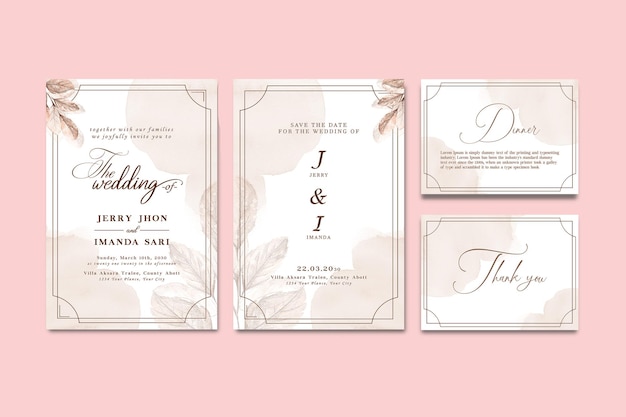 wedding set with abstract watercolor background PSD