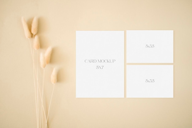 Wedding stationery rsvp set mockup with dried flowers on beige background