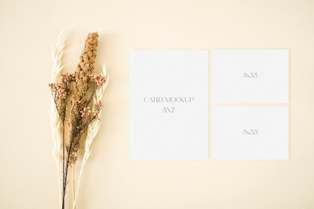 Wedding stationery rsvp set mockup with flowers on beige background