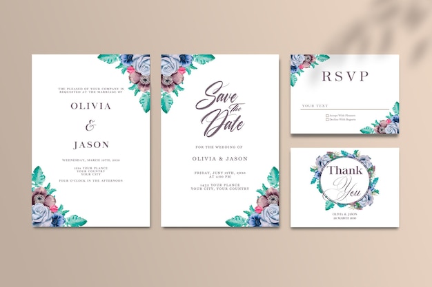 Wedding vector floral invite invitation thank you rsvp card watercolor design set PSD