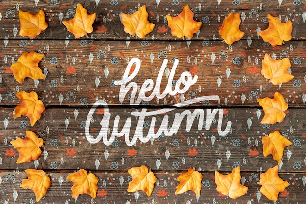 Welcome autumn concept with cute doodles and dried leaves