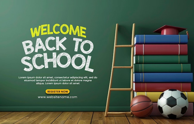 Welcome back to school background with books a basketball and a graduation cap stacked