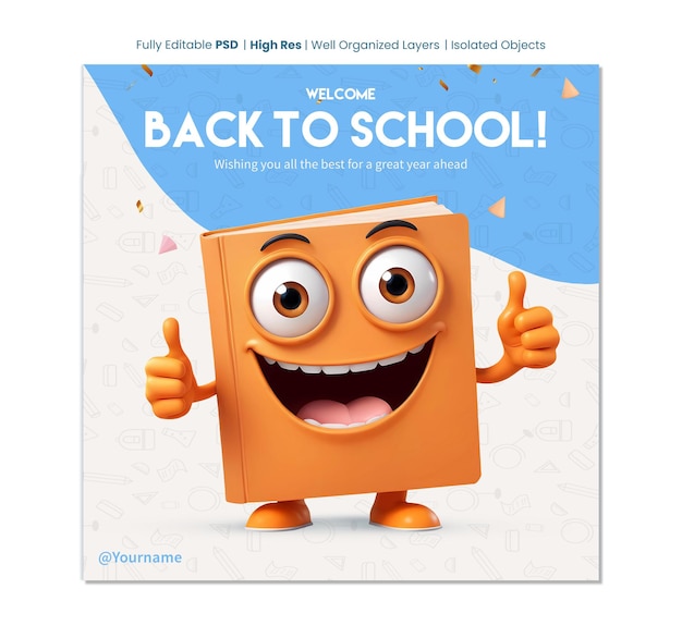 Welcome back to school greeting card template with 3d thumbs up book cartoon character