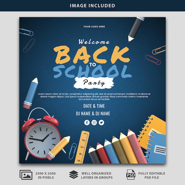 PSD welcome back to school party social media poster psd mockup