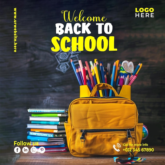 PSD welcome back to school poster or background design with a yellow backpack