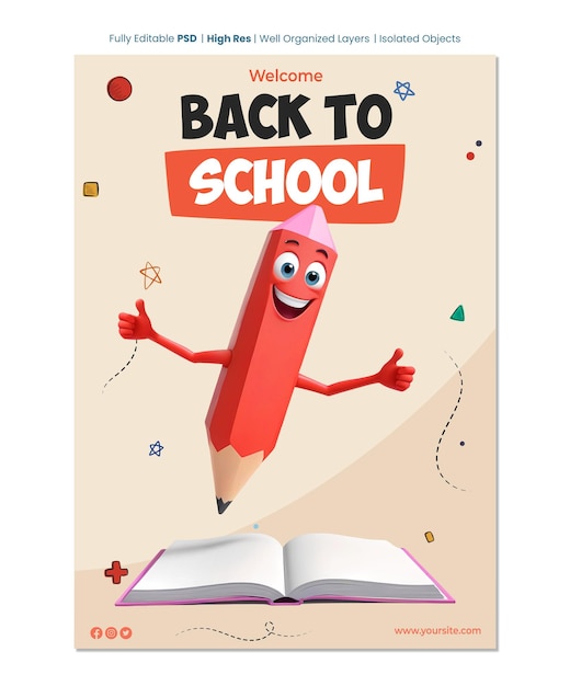 Welcome back to school poster with 3d smiling red pencil cartoon character with book