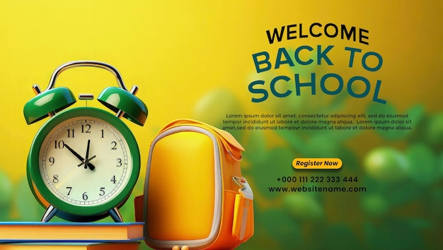 PSD welcome back to school poster with a yellow backpack books and alarm