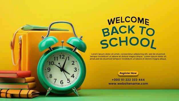 Welcome back to school poster with a yellow backpack books and alarm