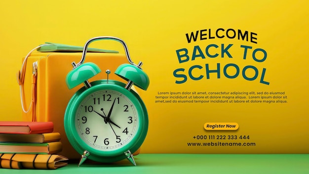 PSD welcome back to school poster with a yellow backpack books and alarm