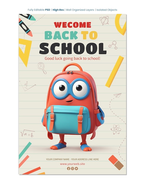 Welcome back to school sale poster with 3d kids backpack for school cartoon character