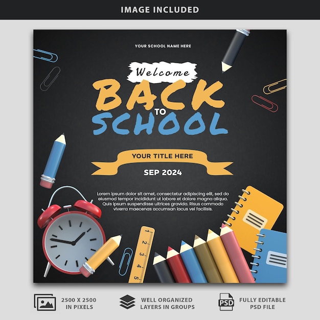 PSD welcome back to school in sep with school supplies social media poster psd mockup