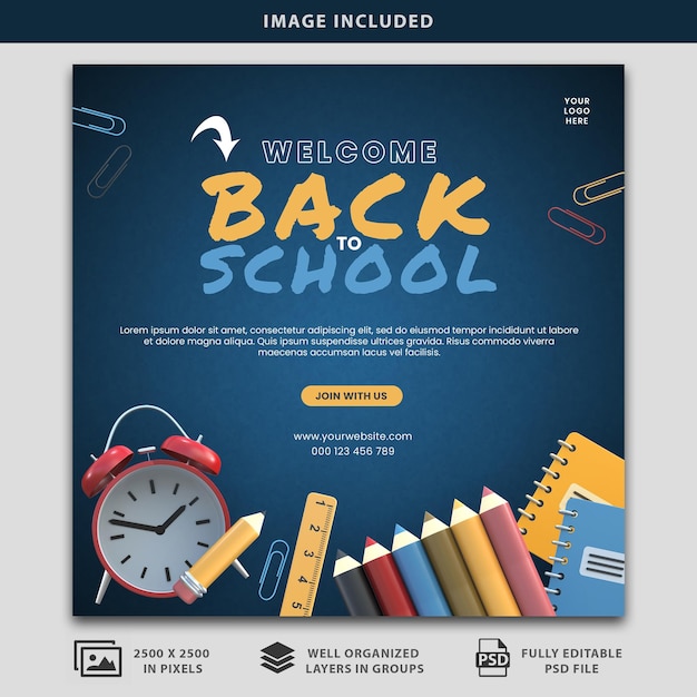 PSD welcome back to school social media poster psd mockup