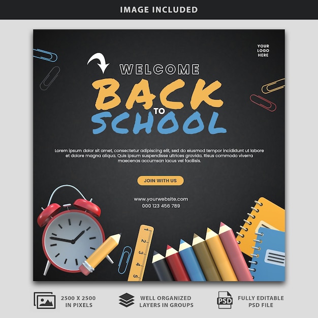 PSD welcome back to school with school supplies social media poster psd mockup