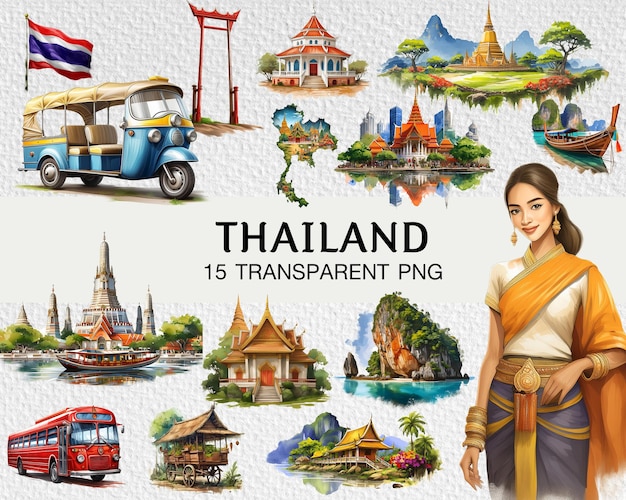 PSD welcome to thailand tourist attractions watercolor