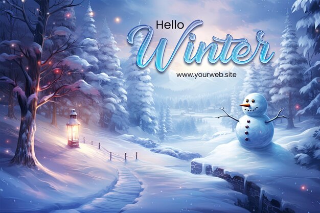 PSD welcome winter background with craft a scene featuring a snowman surrounded by a snowy landscape