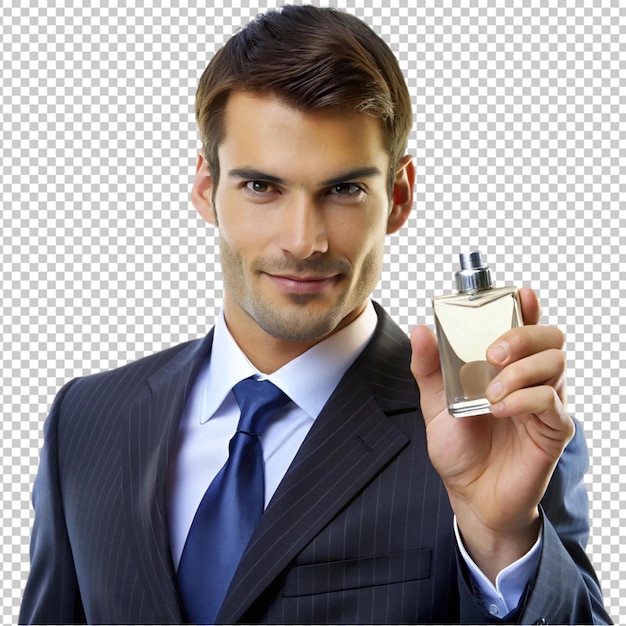 PSD welldressed man adjusting his white shirt while wearing a sleek black suit against a transparent background