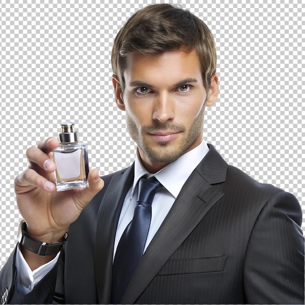 PSD welldressed man adjusting his white shirt while wearing a sleek black suit against a transparent background