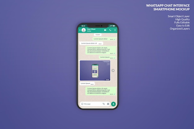 PSD whatsapp interface template on mobile phone mock up