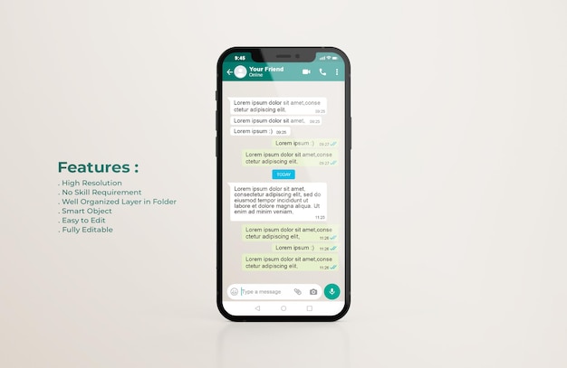 Whatsapp interface template on mobile phone mockup