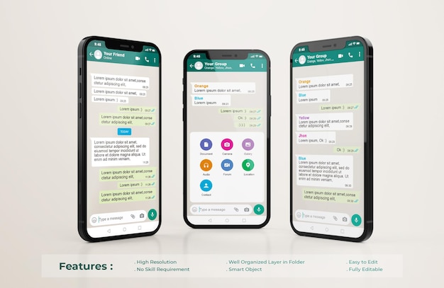 PSD whatsapp interface template on mobile phone mockup