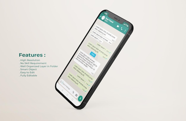 PSD whatsapp interface template on mobile phone mockup