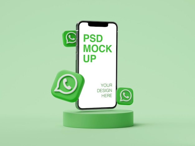 Whatsapp logo social media post on mobile phone mockup with 3d icons