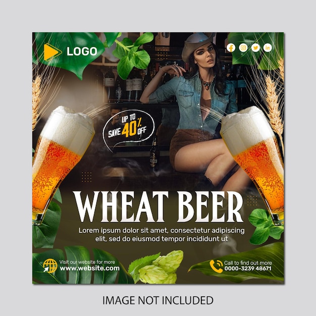 Wheat beer for restaurant cafe bar social media post promotion template design